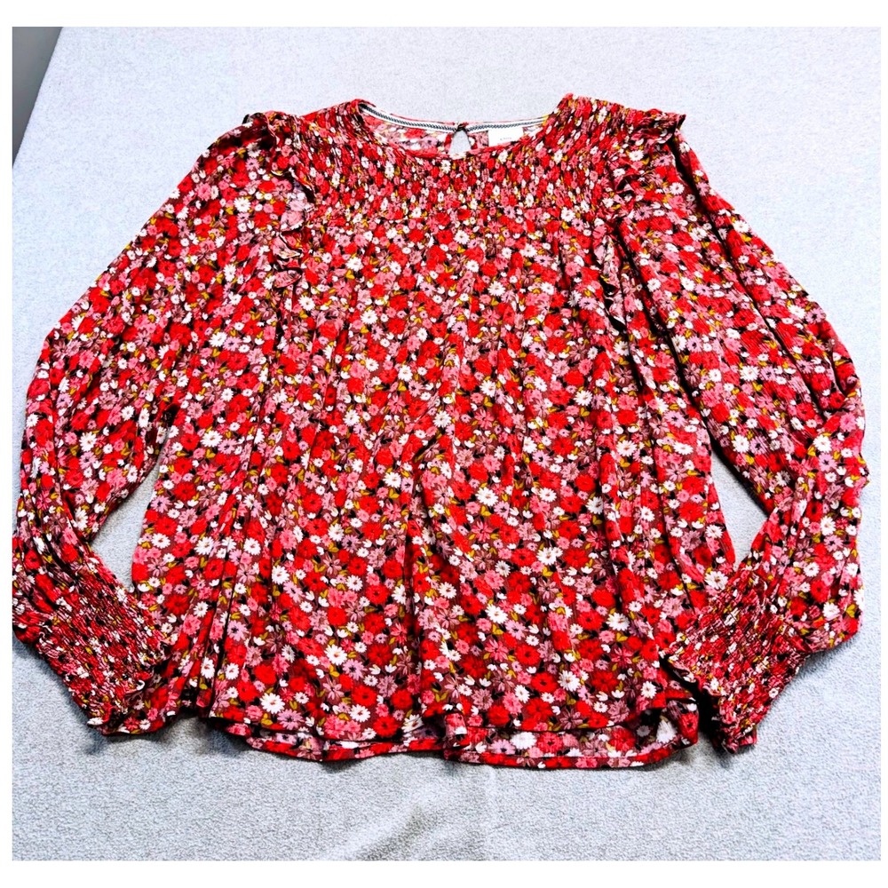 Knox Rose Womens XXL Floral Blouse Smocked Ruffle Long Sleeve Boho Peasant Chic